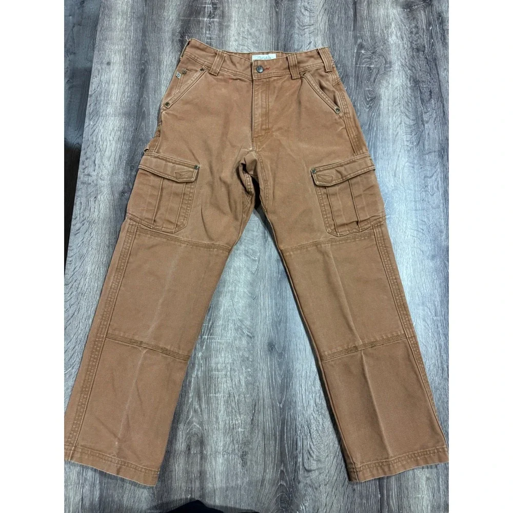Cabelas Mens Brown Duck Canvas Cargo Work Pants Double Knee 31x29 M25PT081